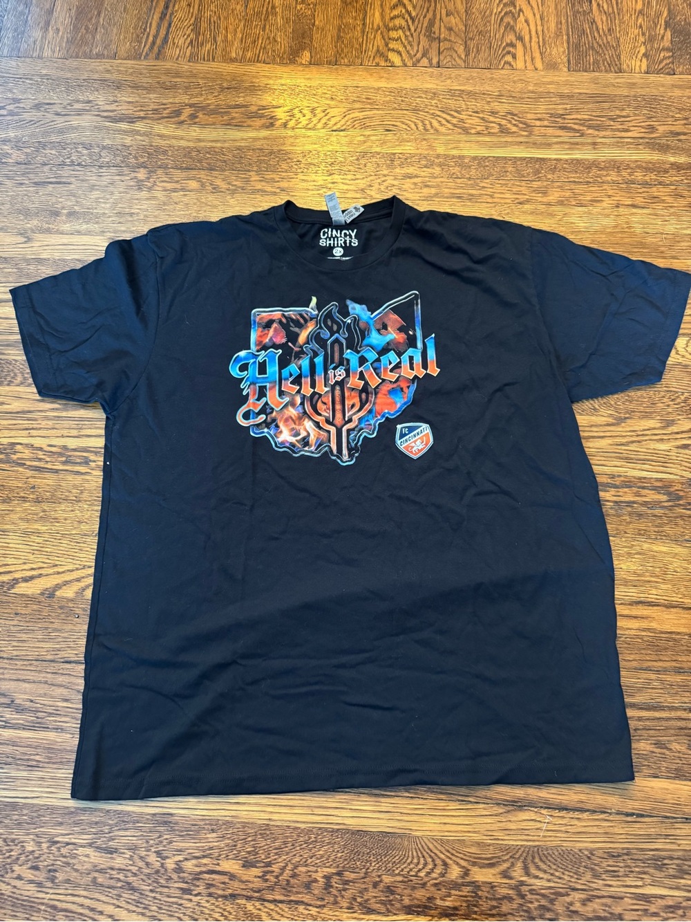 FC CINCINNATI (Cincy T shirts) HELL IS REAL RETRO FLAME Black 'Hell is Real'